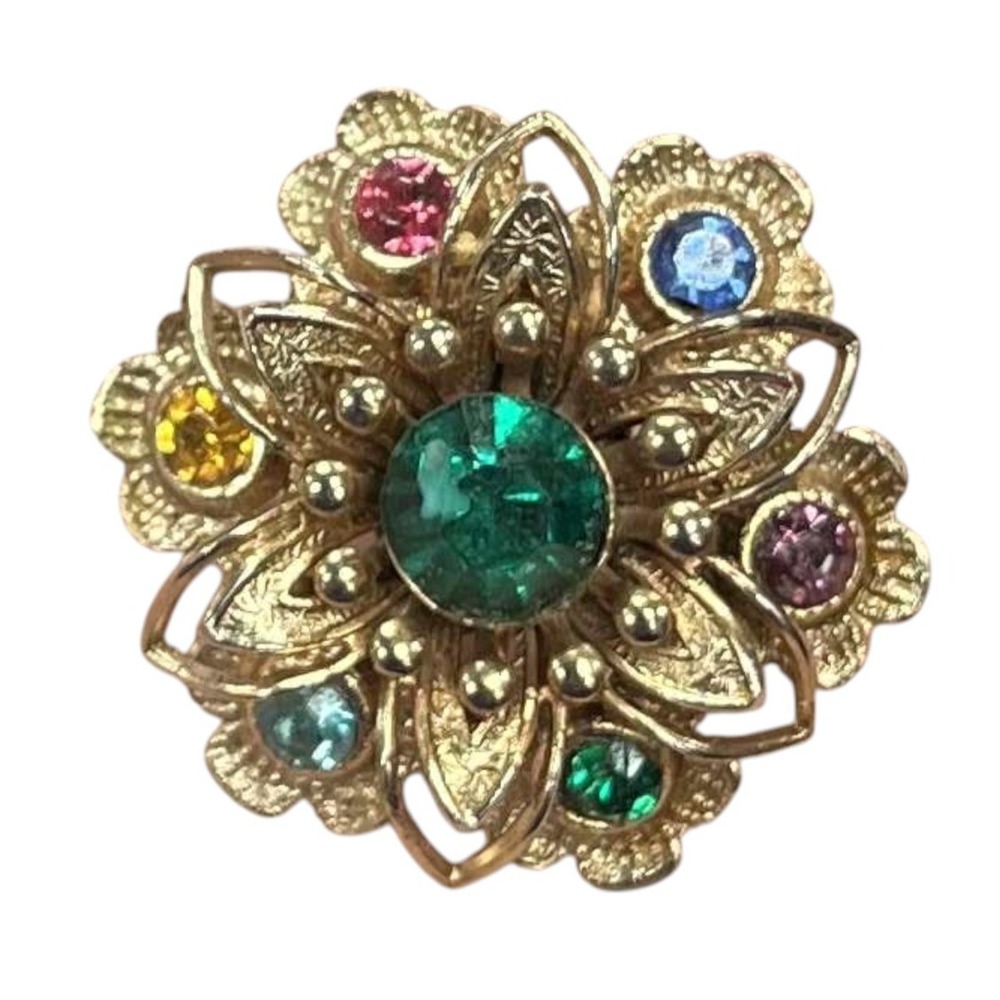 Vintage Blooming Flower w/ Multicolored Rhinestones & Gold Tone Filigree Brooch